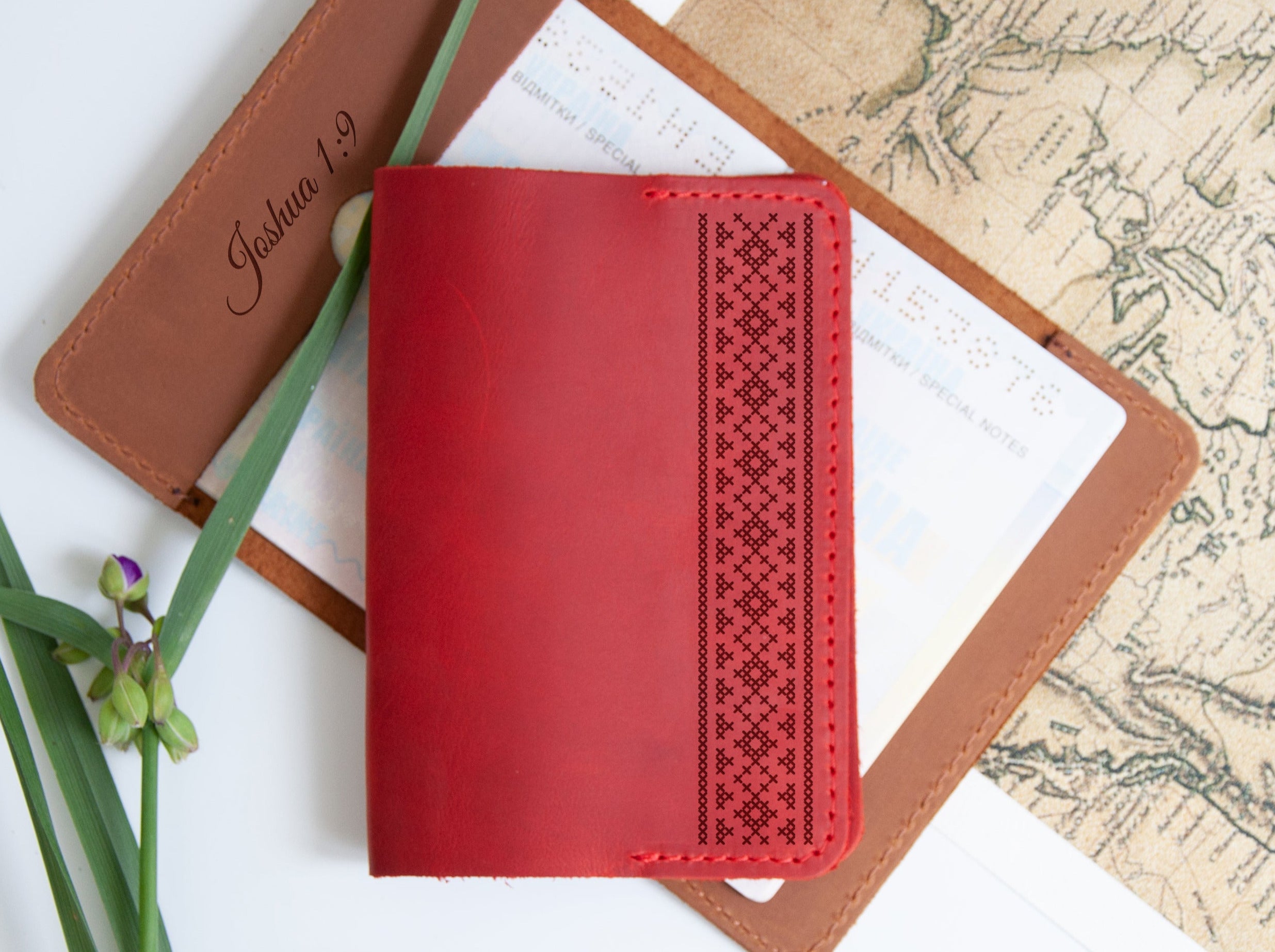 Leather Passport Holder - Wanderlust Gifts for Travelers with Ukrainian Ornamets