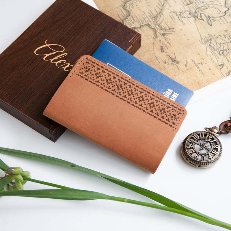 Leather Passport Holder - Wanderlust Gifts for Travelers with Ukrainian Ornamets