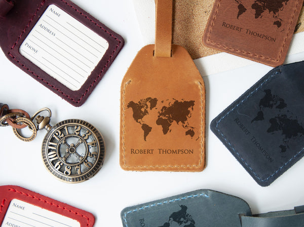 Personalized Leather Luggage Tag with World Map - Name Luggage Tag