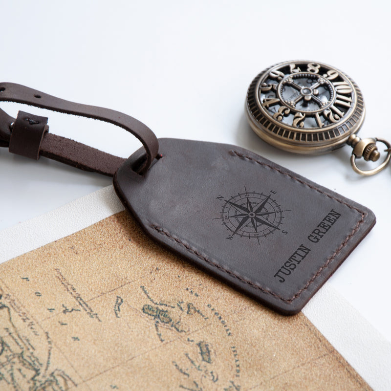 Leather Travel Tag with Compass - Personalized Travel Gifts for Him or Her