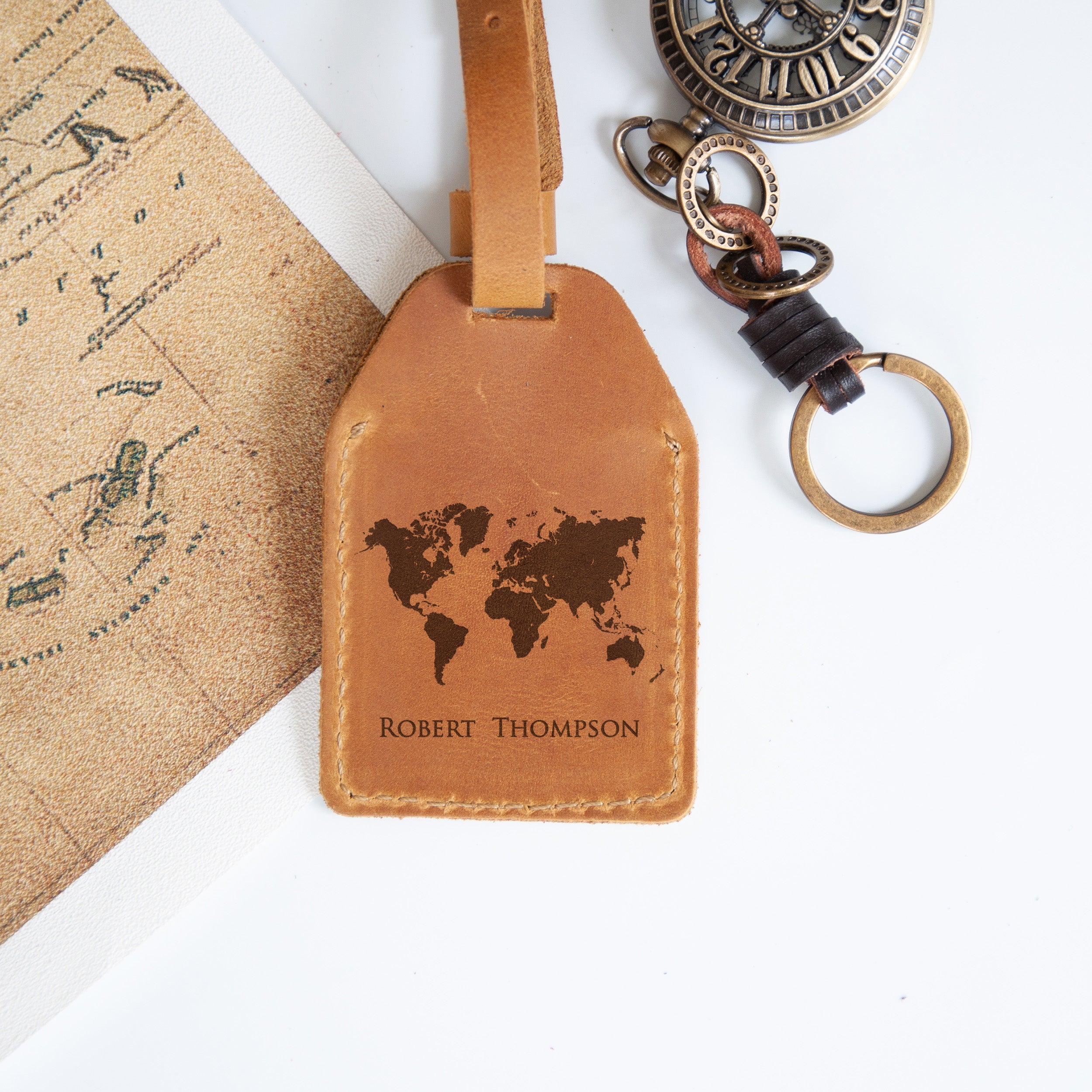 Personalized Leather Luggage Tag with World Map - Name Luggage Tag