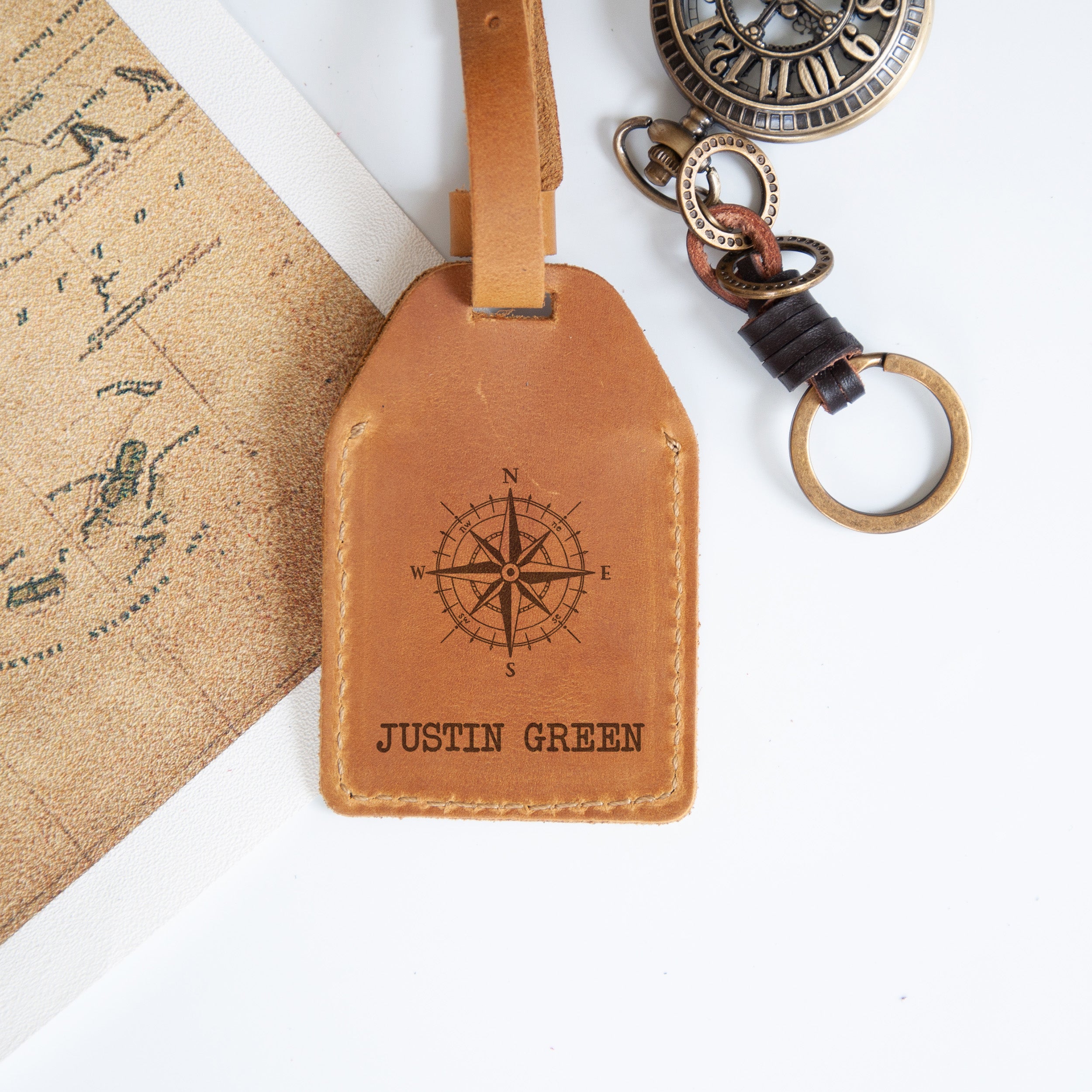 Leather Travel Tag with Compass - Personalized Travel Gifts for Him or Her