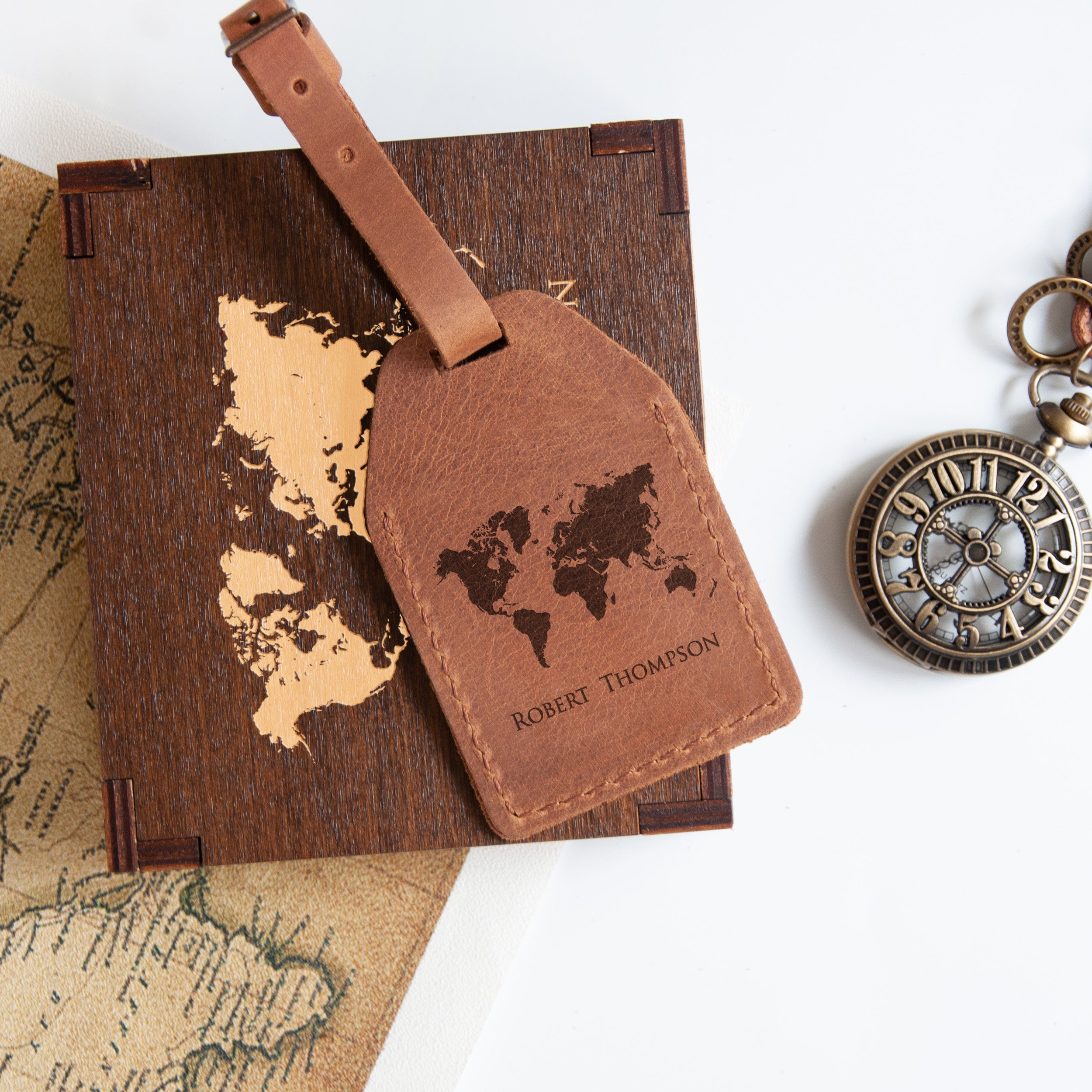 Personalized Leather Luggage Tag with World Map - Name Luggage Tag