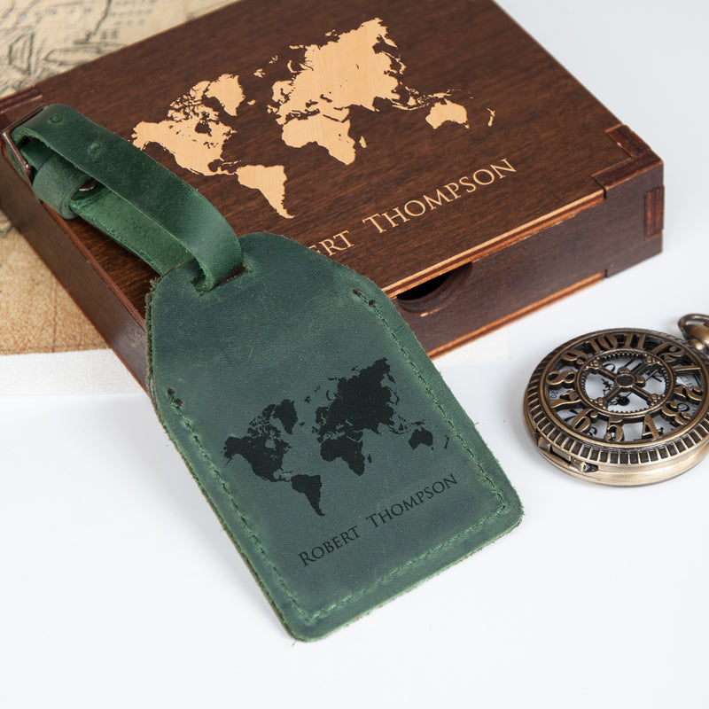 Personalized Leather Luggage Tag with World Map - Name Luggage Tag –  WoodPresentStudio