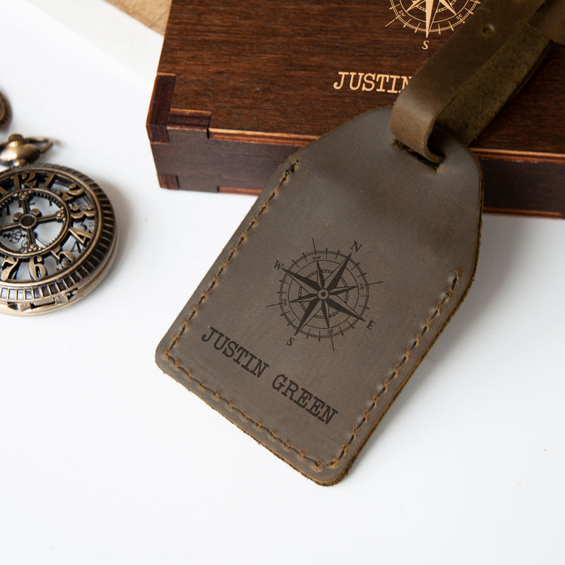 Leather Travel Tag with Compass - Personalized Travel Gifts for Him or Her