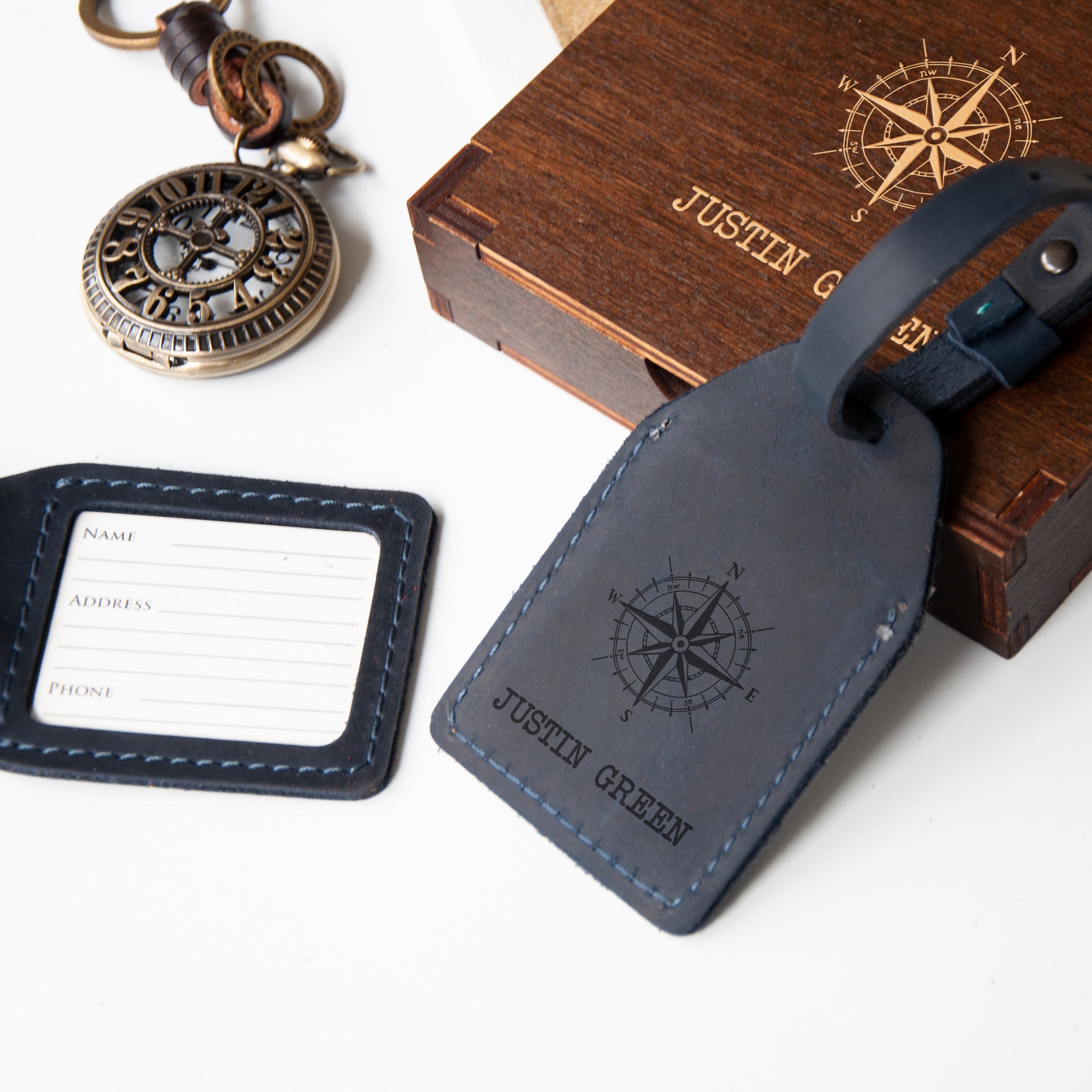 Leather Travel Tag with Compass - Personalized Travel Gifts for Him or Her