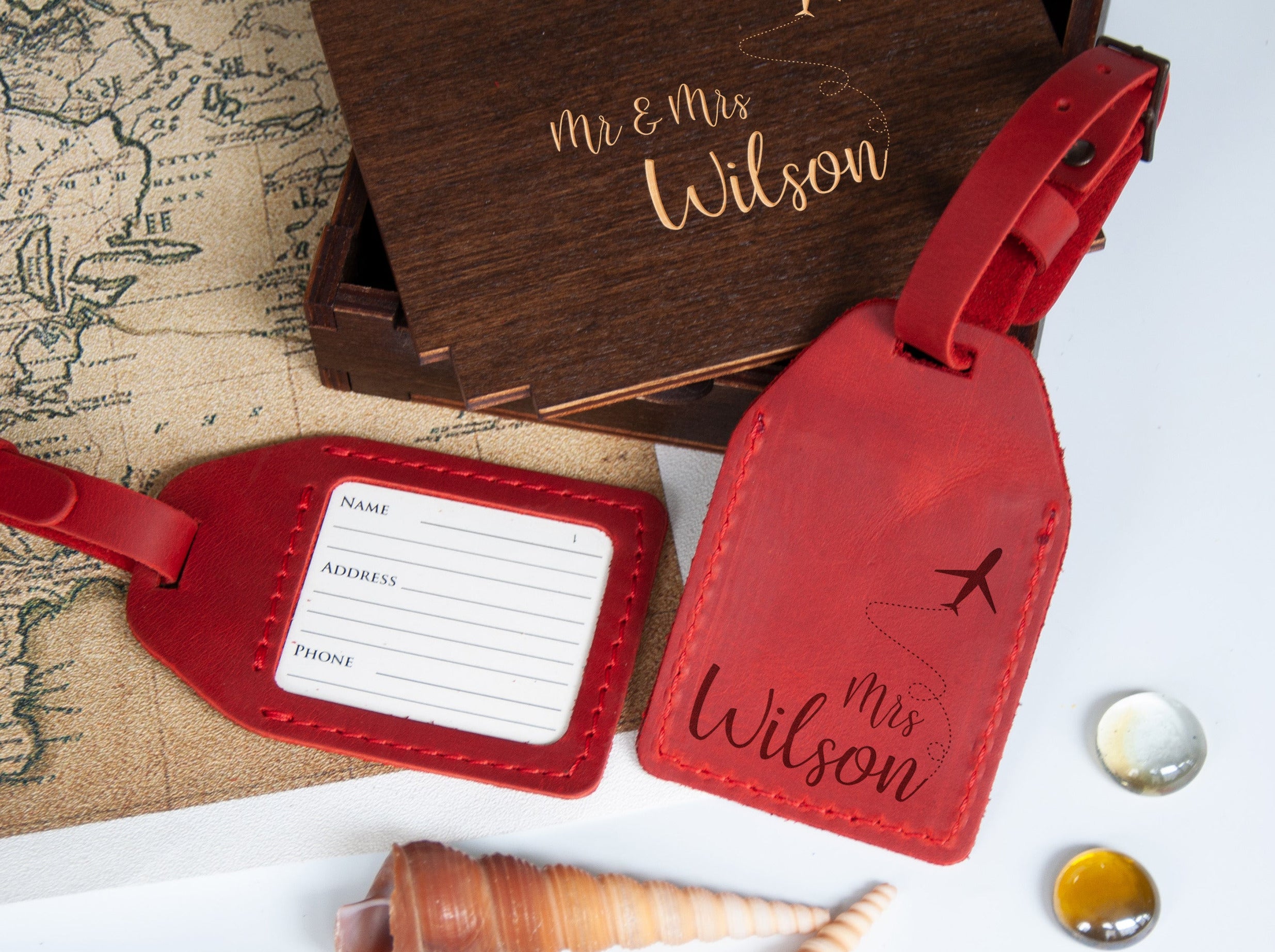 Leather Luggage Tags Set of 2 - Engagement Gifts for Mr & Mrs