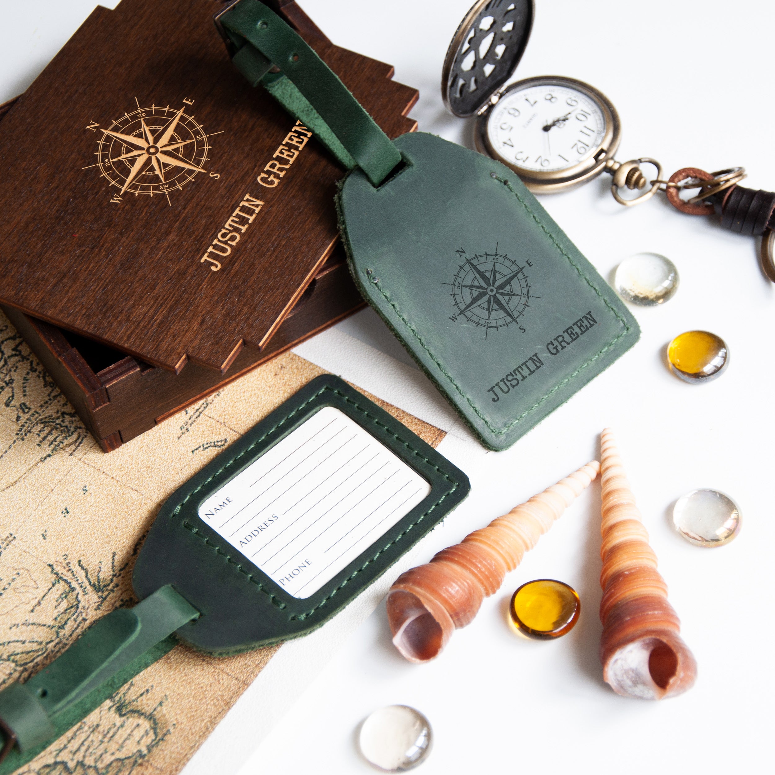 Leather Travel Tag with Compass - Personalized Travel Gifts for Him or Her