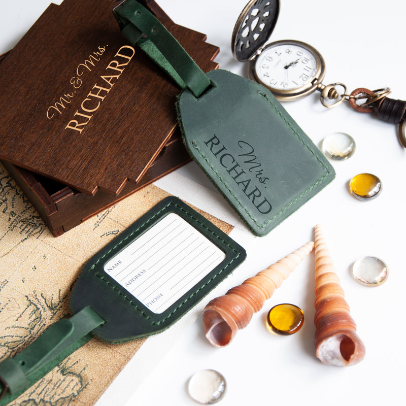 Personalized Leather Luggage Tags Set of 2 - Honeymoon Gifts for Mr & Mrs