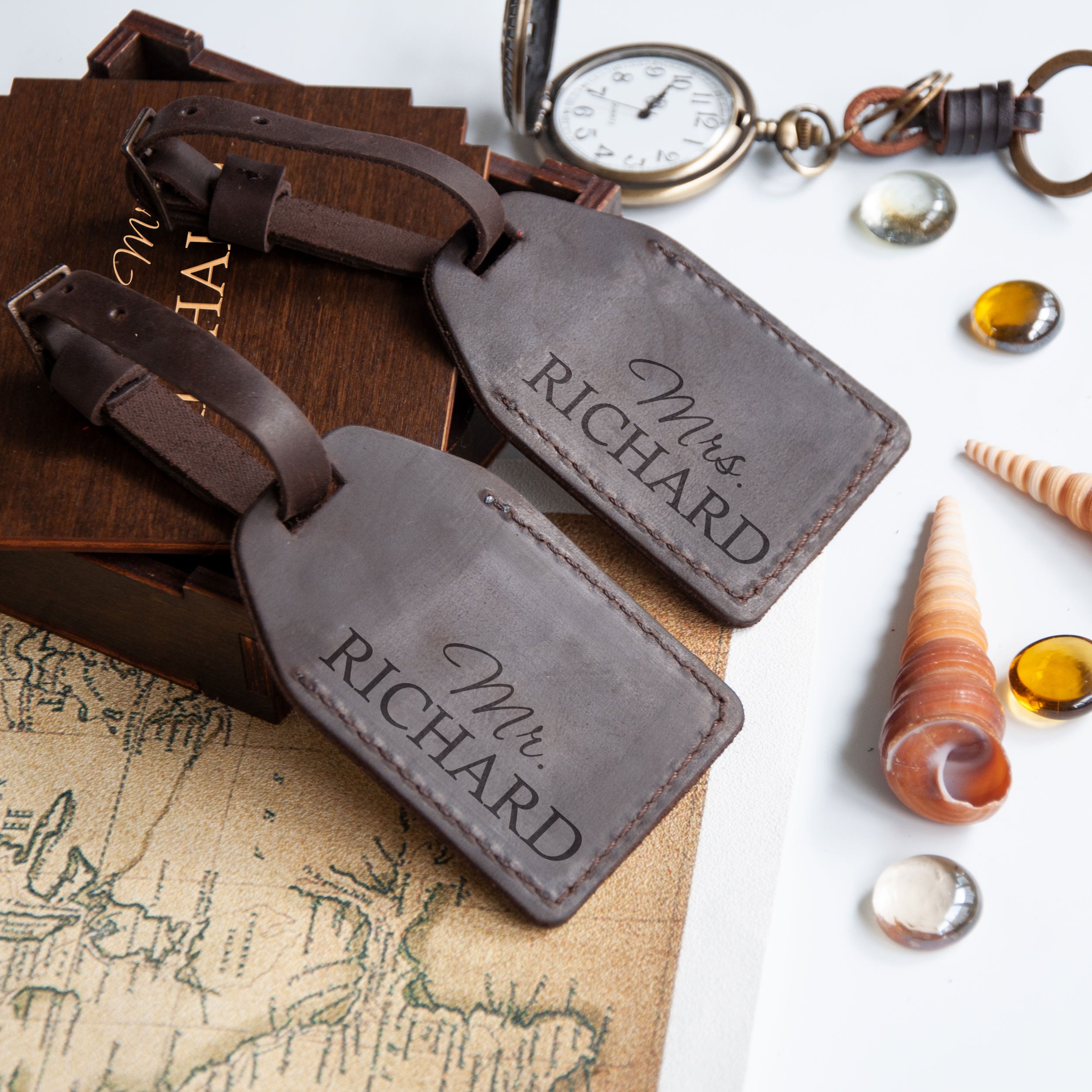 Personalized Leather Luggage Tags Set of 2 - Honeymoon Gifts for Mr & Mrs