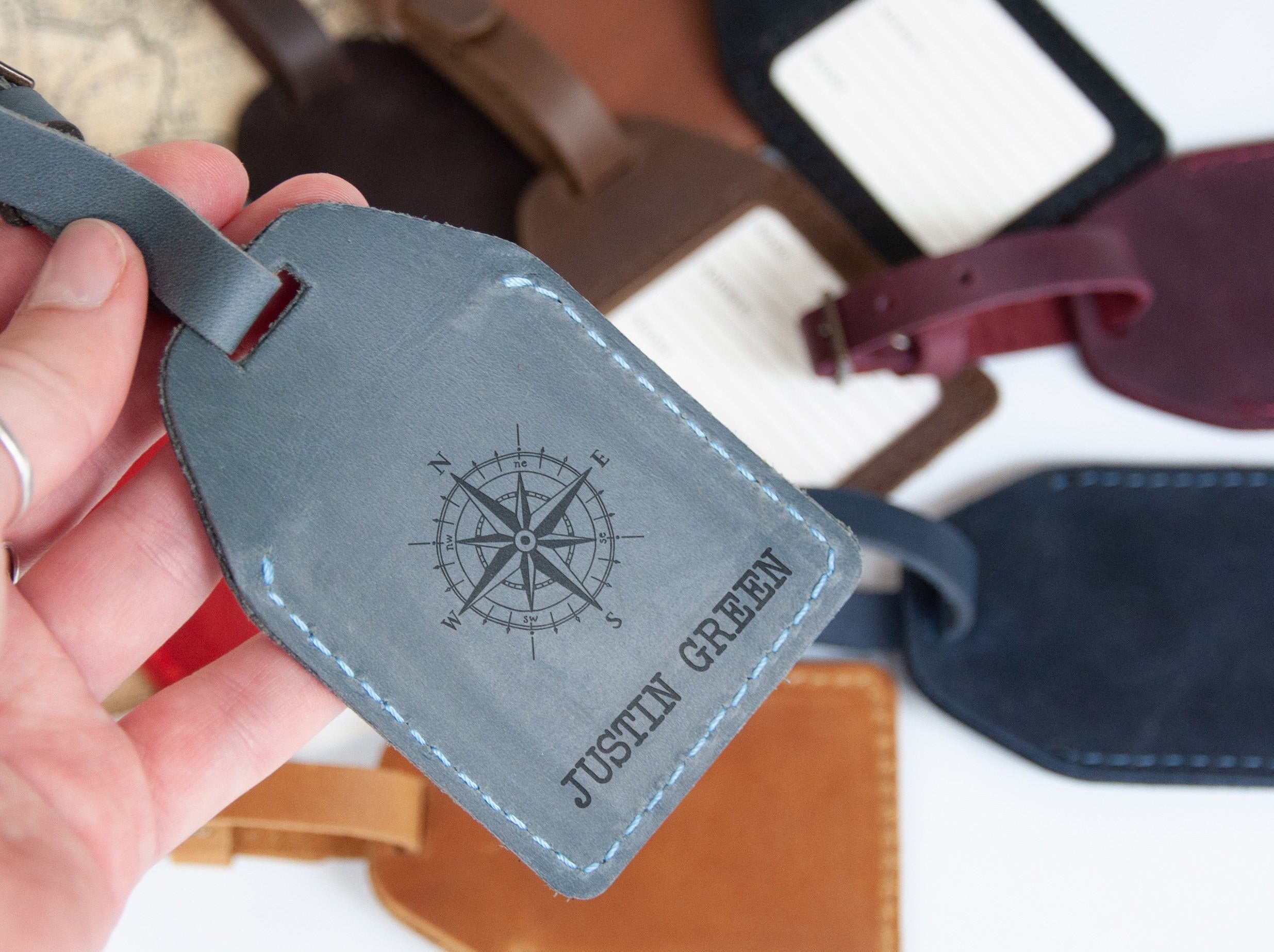 Leather Travel Tag with Compass - Personalized Travel Gifts for Him or Her