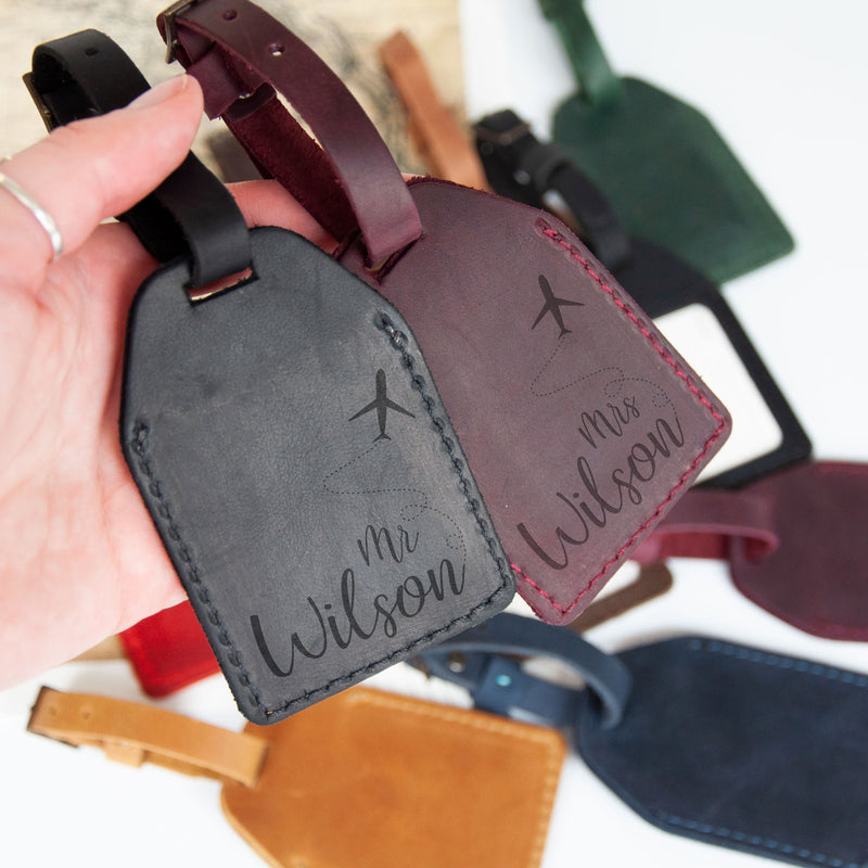 Leather Luggage Tags Set of 2 - Engagement Gifts for Mr & Mrs