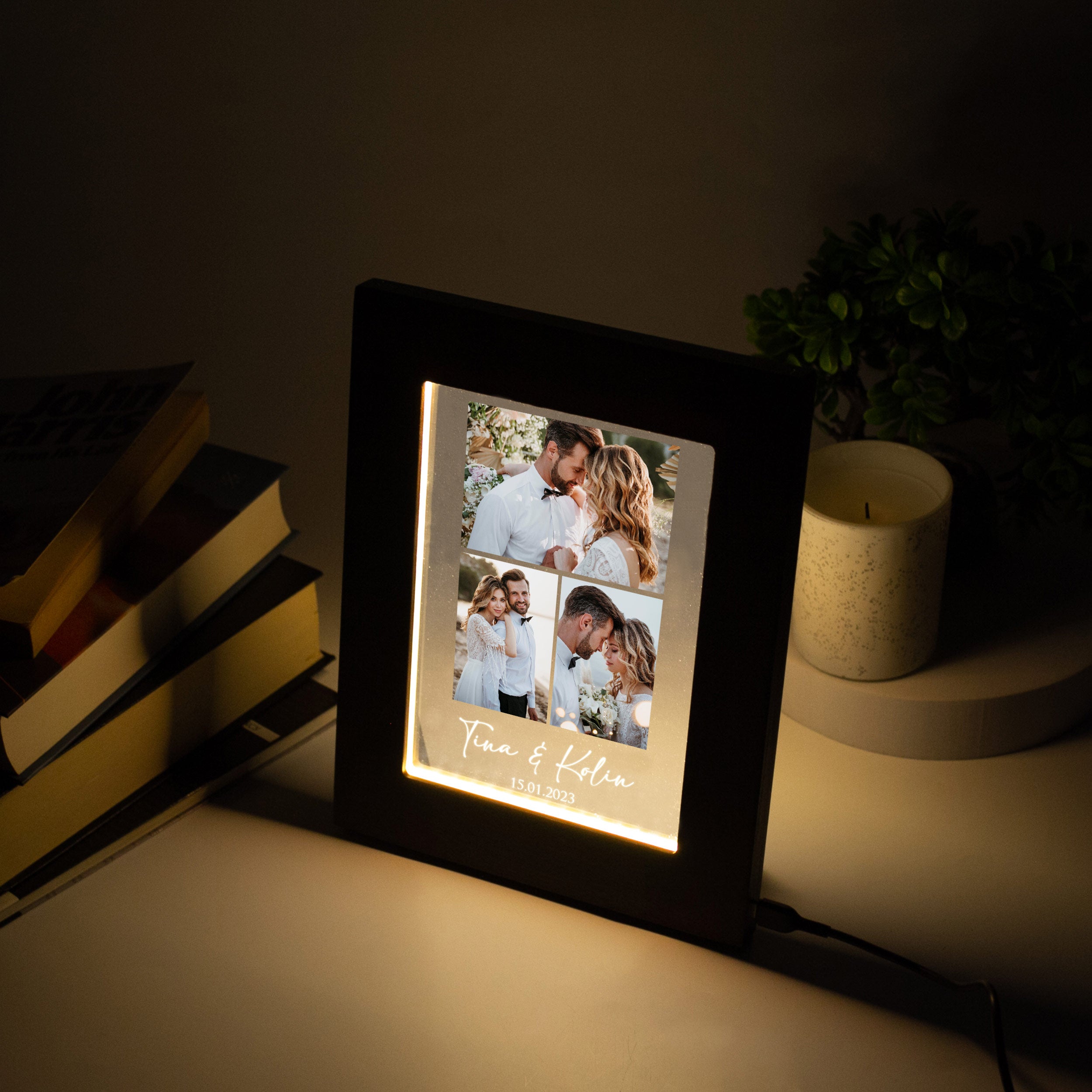 Custom Photo Collage LED Light - Wood Picture Frame