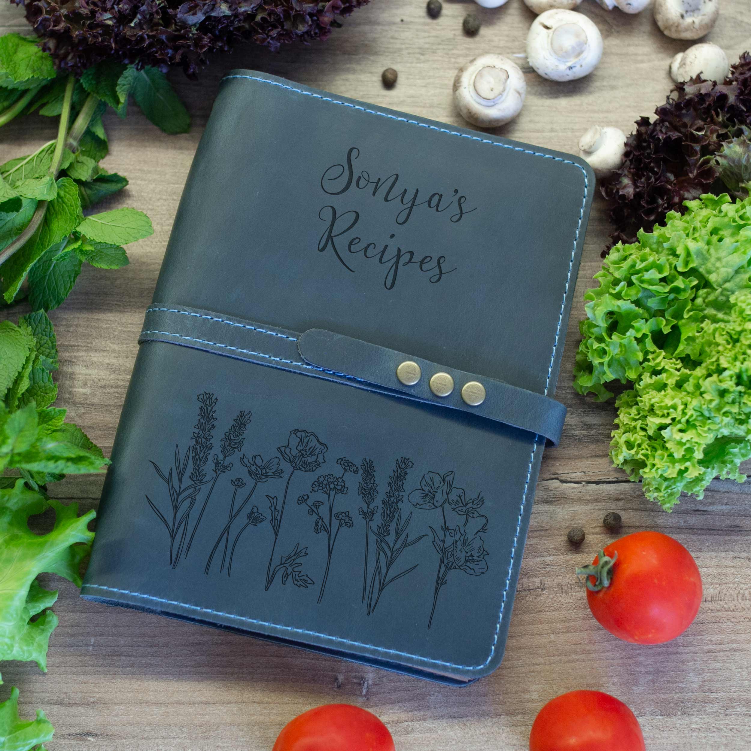 Leather Recipe Book with Flowers - Personalized Mothers Day Gift