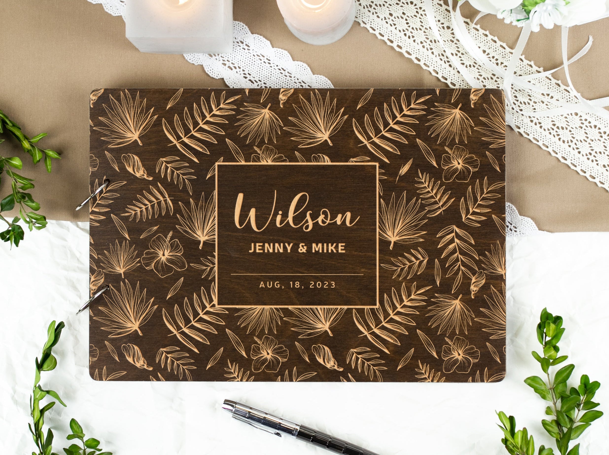 Tropical Wedding Guest Book with Palm Leaves