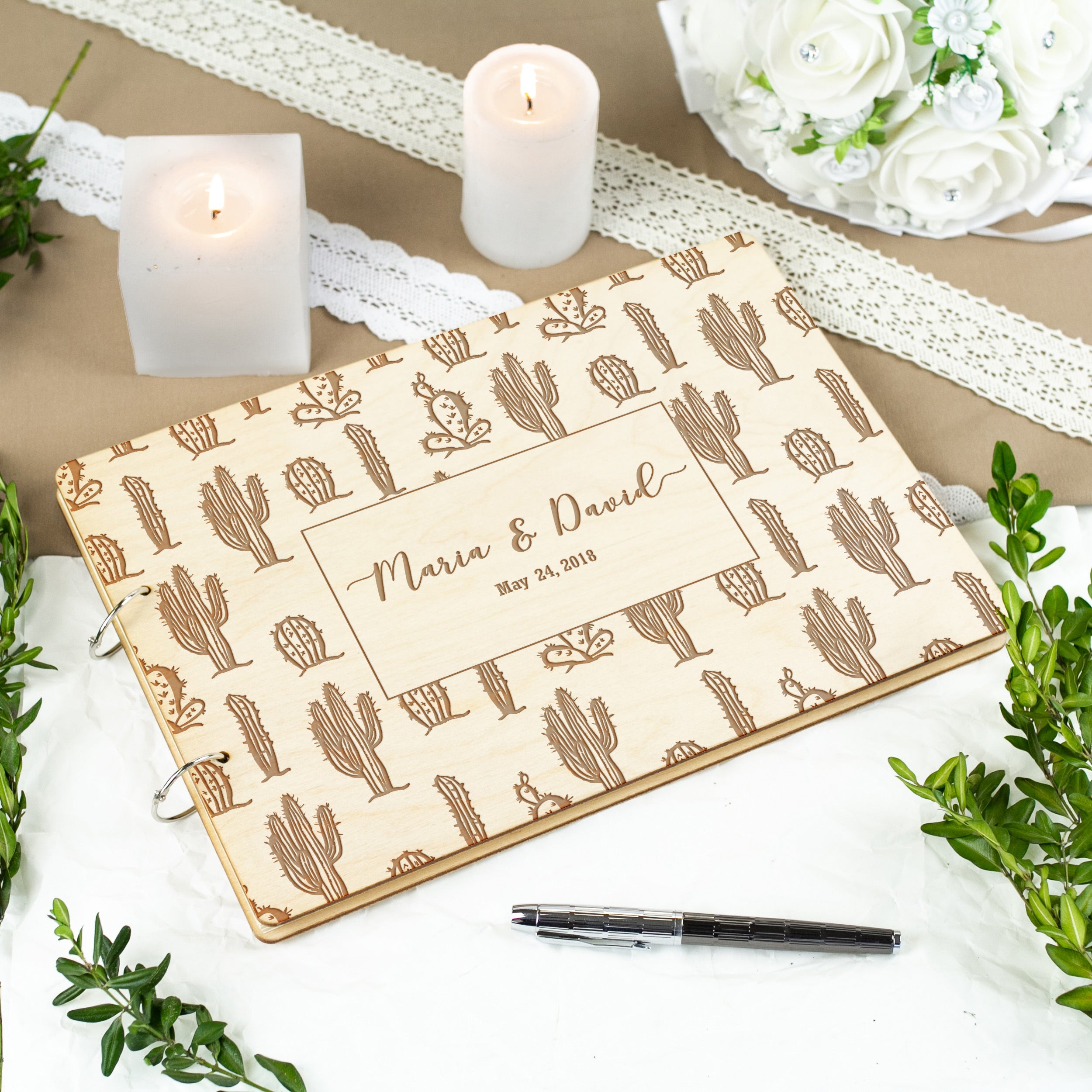 Southwestern Wedding Guest Book - Engraved Guestbook with Cactus