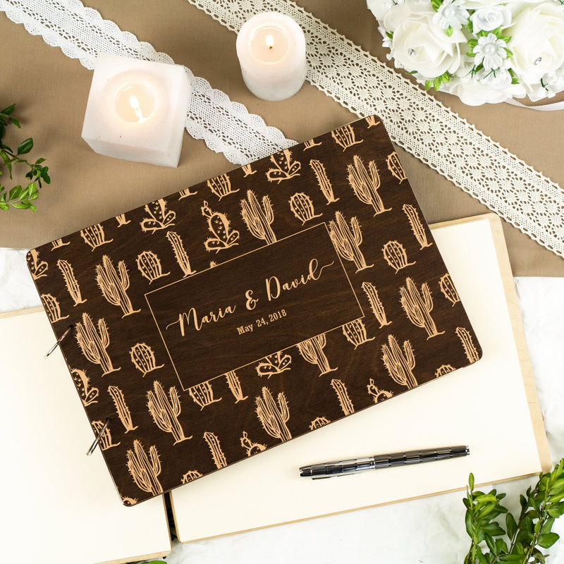 Southwestern Wedding Guest Book - Engraved Guestbook with Cactus