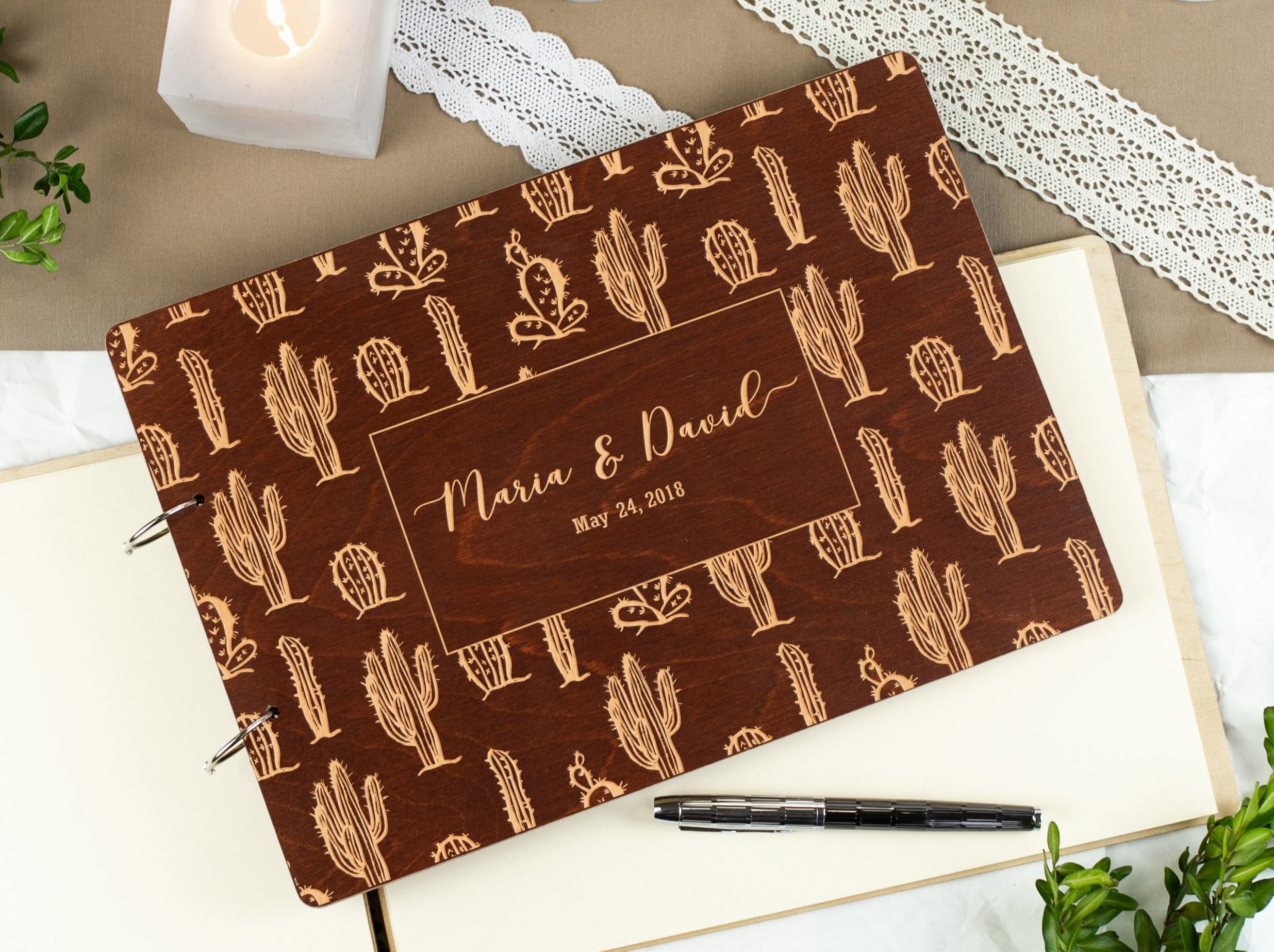 Southwestern Wedding Guest Book - Engraved Guestbook with Cactus