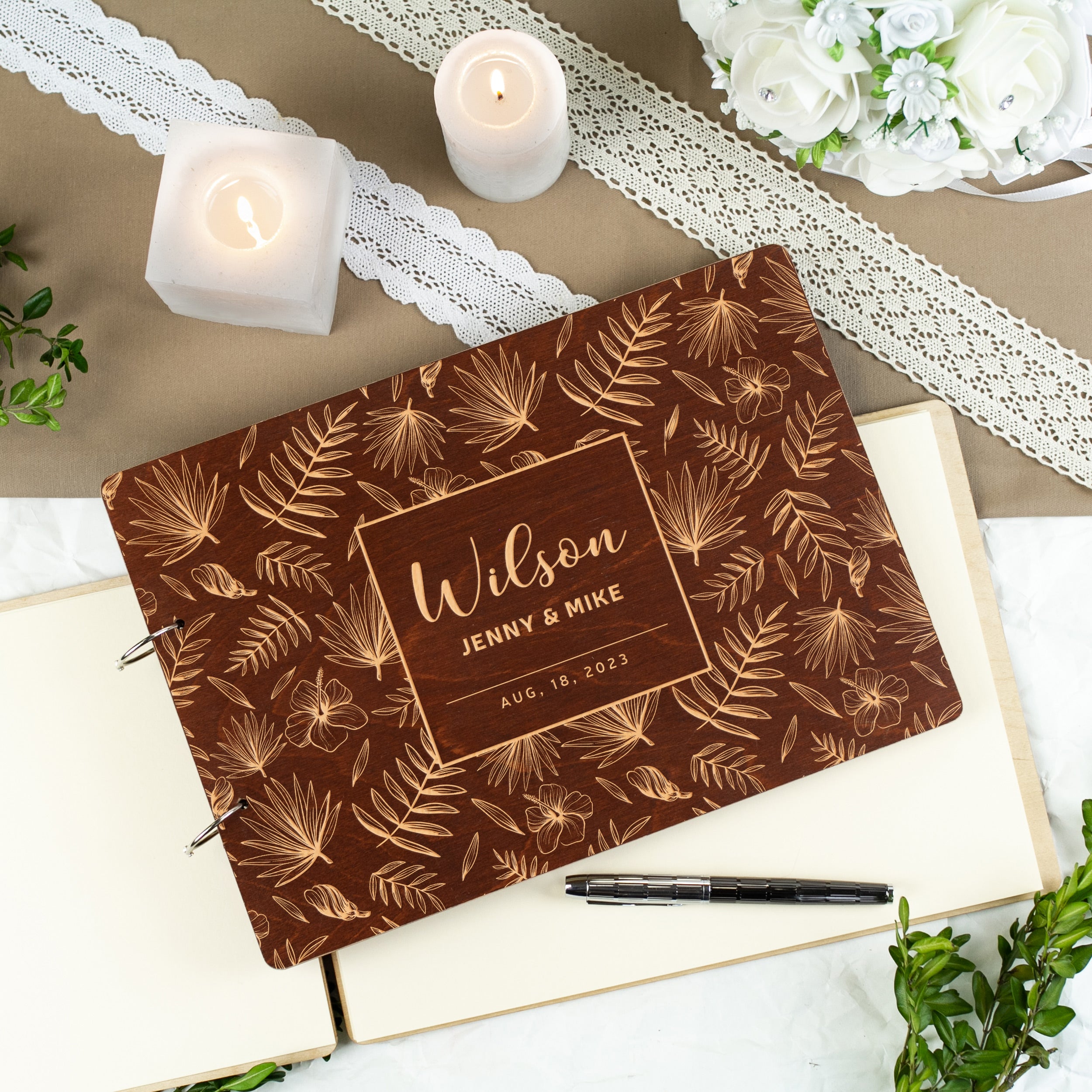 Tropical Wedding Guest Book with Palm Leaves