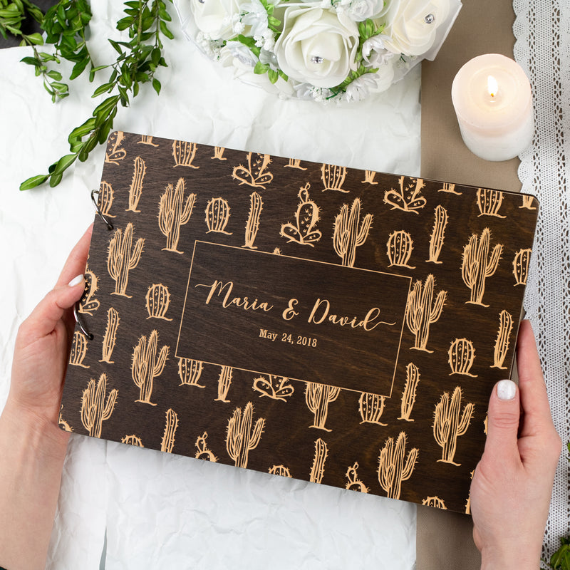 Southwestern Wedding Guest Book - Engraved Guestbook with Cactus