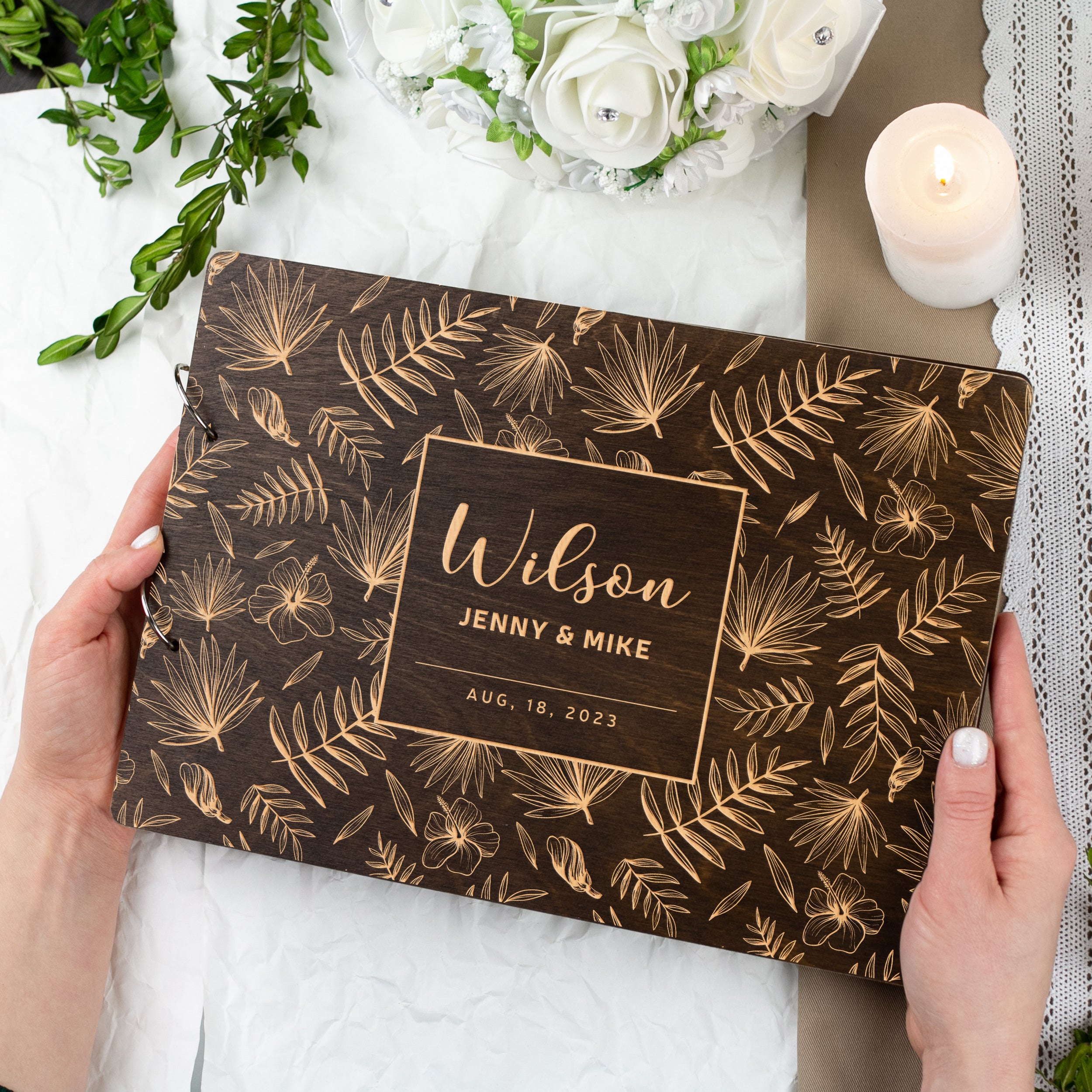 Tropical Wedding Guest Book with Palm Leaves