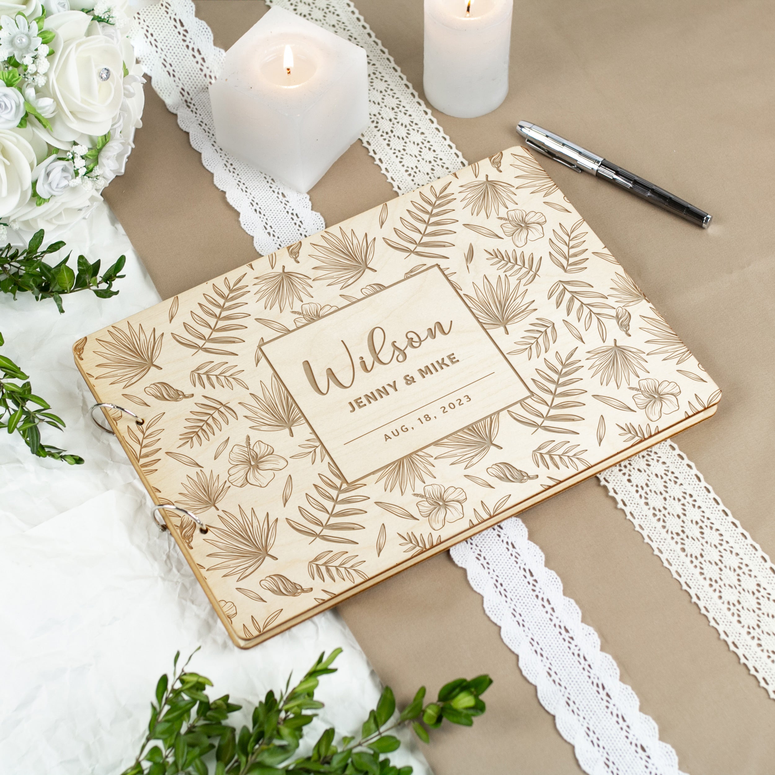 Tropical Wedding Guest Book with Palm Leaves