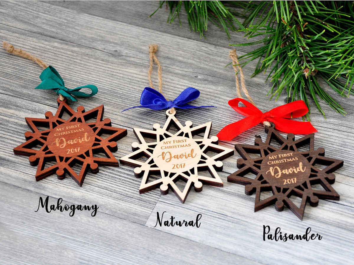 Personalized Baby First Christmas Ornament - Custom Engraved Snowflakes