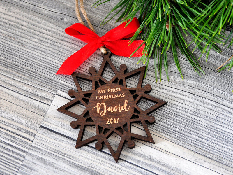 Personalized Baby First Christmas Ornament - Custom Engraved Snowflakes