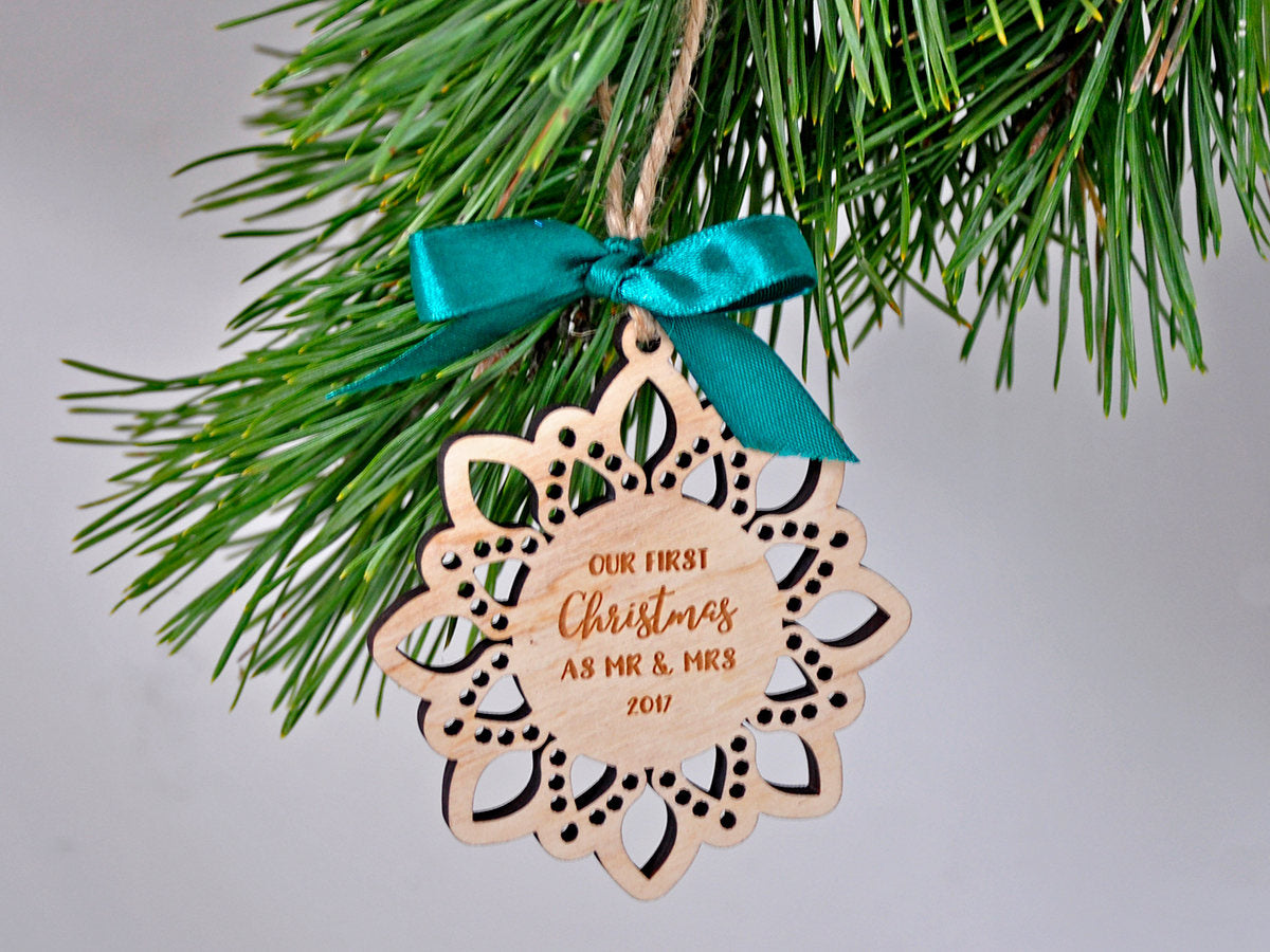 First Christmas Married - Mr and Mrs  Wood Ornament