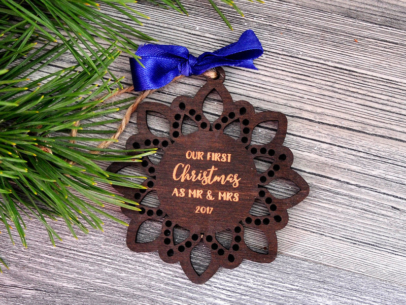 First Christmas Married - Mr and Mrs  Wood Ornament