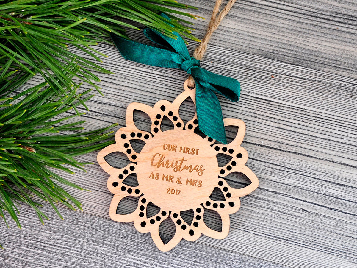 First Christmas Married - Mr and Mrs  Wood Ornament