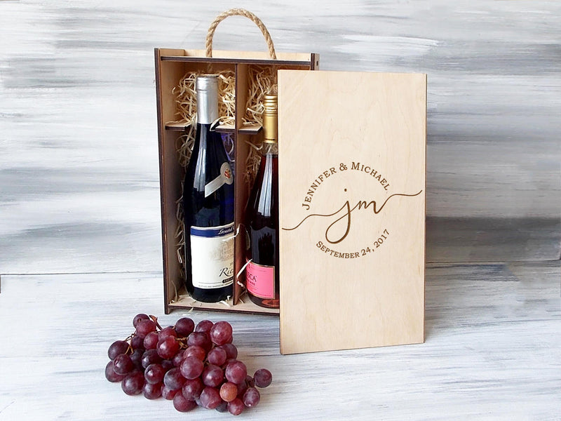 Double Wine Box with Monogram -  5th Anniversary Gift fro Couple