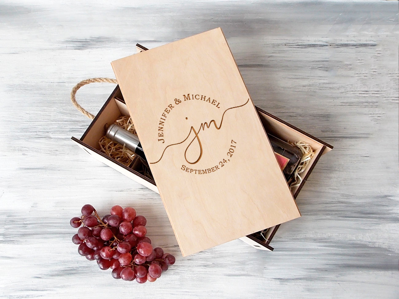 Double Wine Box with Monogram -  5th Anniversary Gift fro Couple