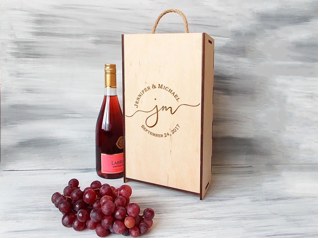 Double Wine Box with Monogram -  5th Anniversary Gift fro Couple