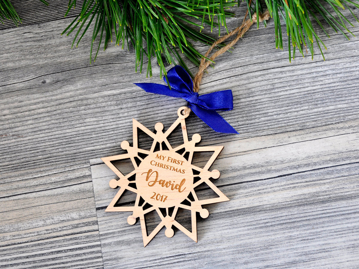 Personalized Baby First Christmas Ornament - Custom Engraved Snowflakes