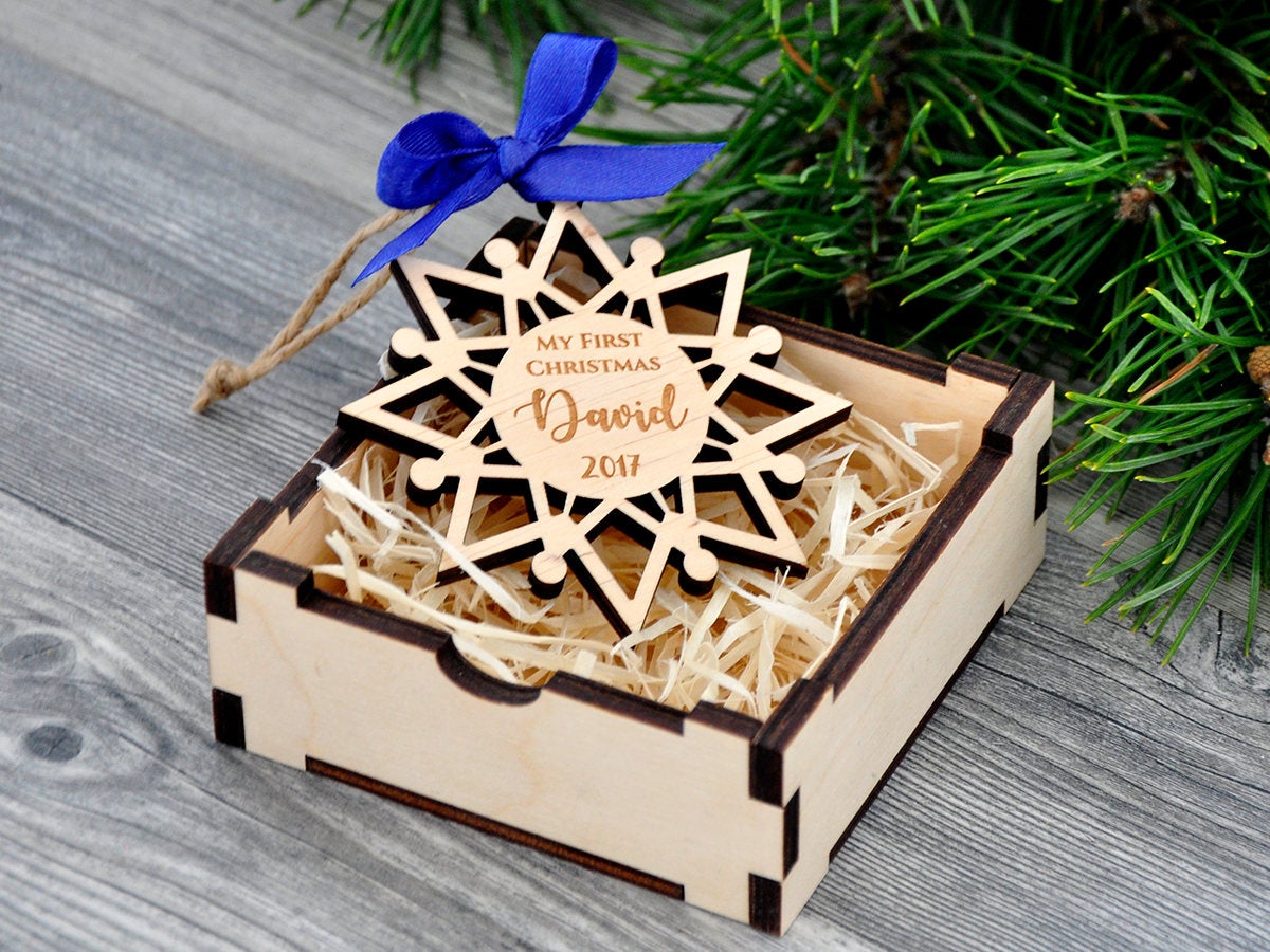 Personalized Baby First Christmas Ornament - Custom Engraved Snowflakes