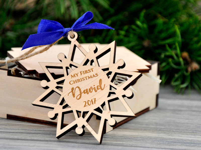 Personalized Baby First Christmas Ornament - Custom Engraved Snowflakes