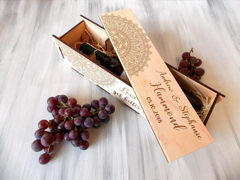 Wooden Wine Box - Mandala Wedding Anniversary Gift