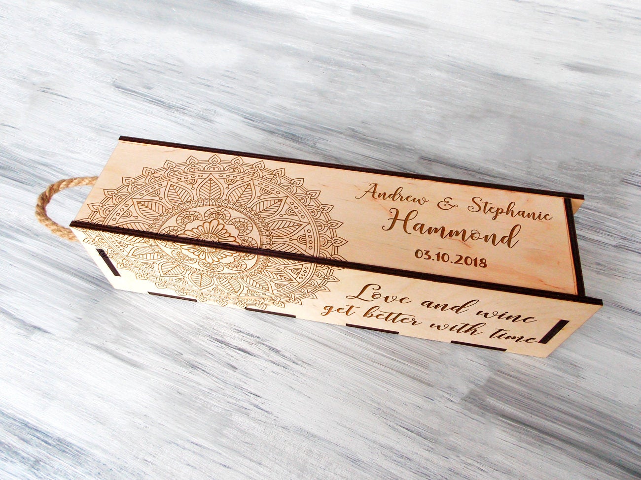 Wooden Wine Box - Mandala Wedding Anniversary Gift