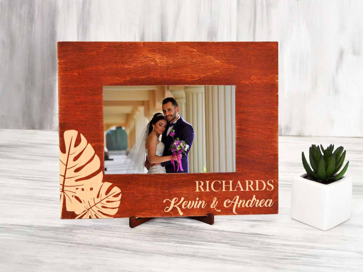 Wooden Photo Frame with Monstera Leaves -Tropical Wedding Gift