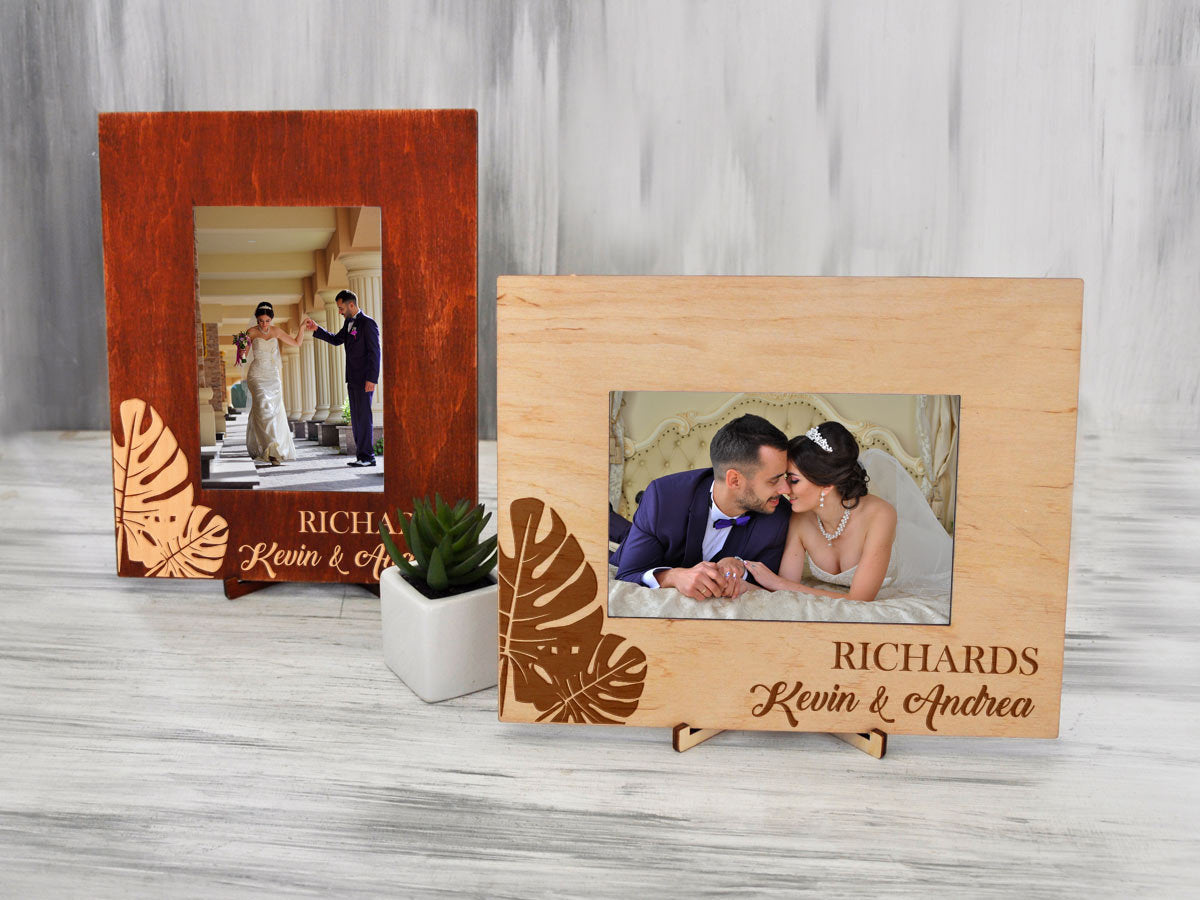 Wooden Photo Frame with Monstera Leaves -Tropical Wedding Gift