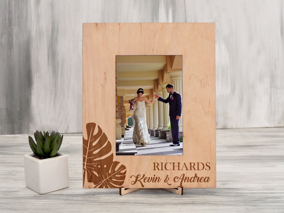 Wooden Photo Frame with Monstera Leaves -Tropical Wedding Gift