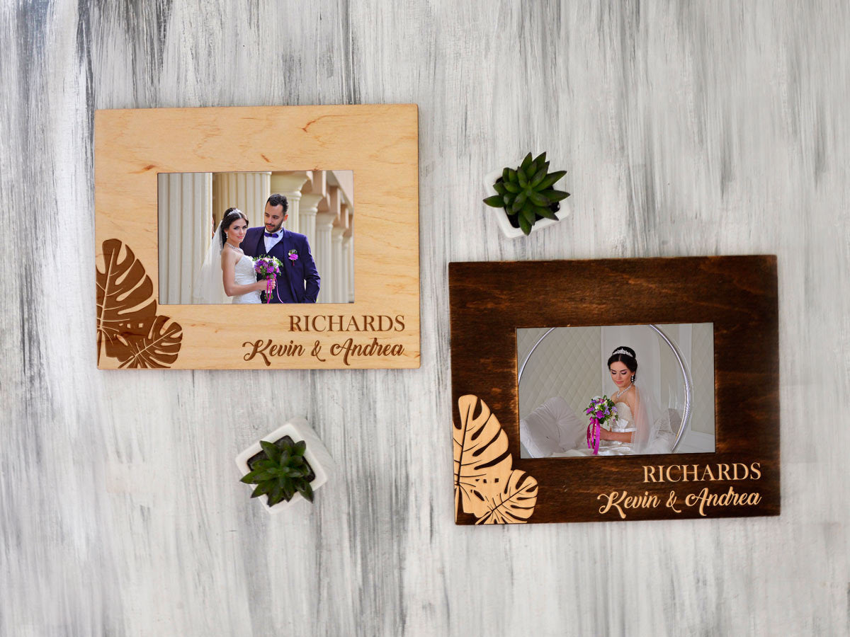 Wooden Photo Frame with Monstera Leaves -Tropical Wedding Gift