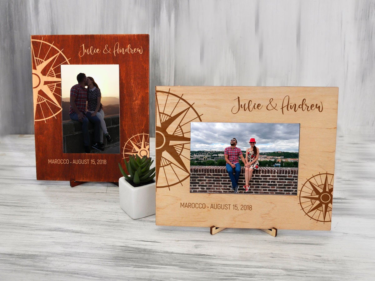 Custom Picture Frame with Compass - Honeymoon Gift for Couple