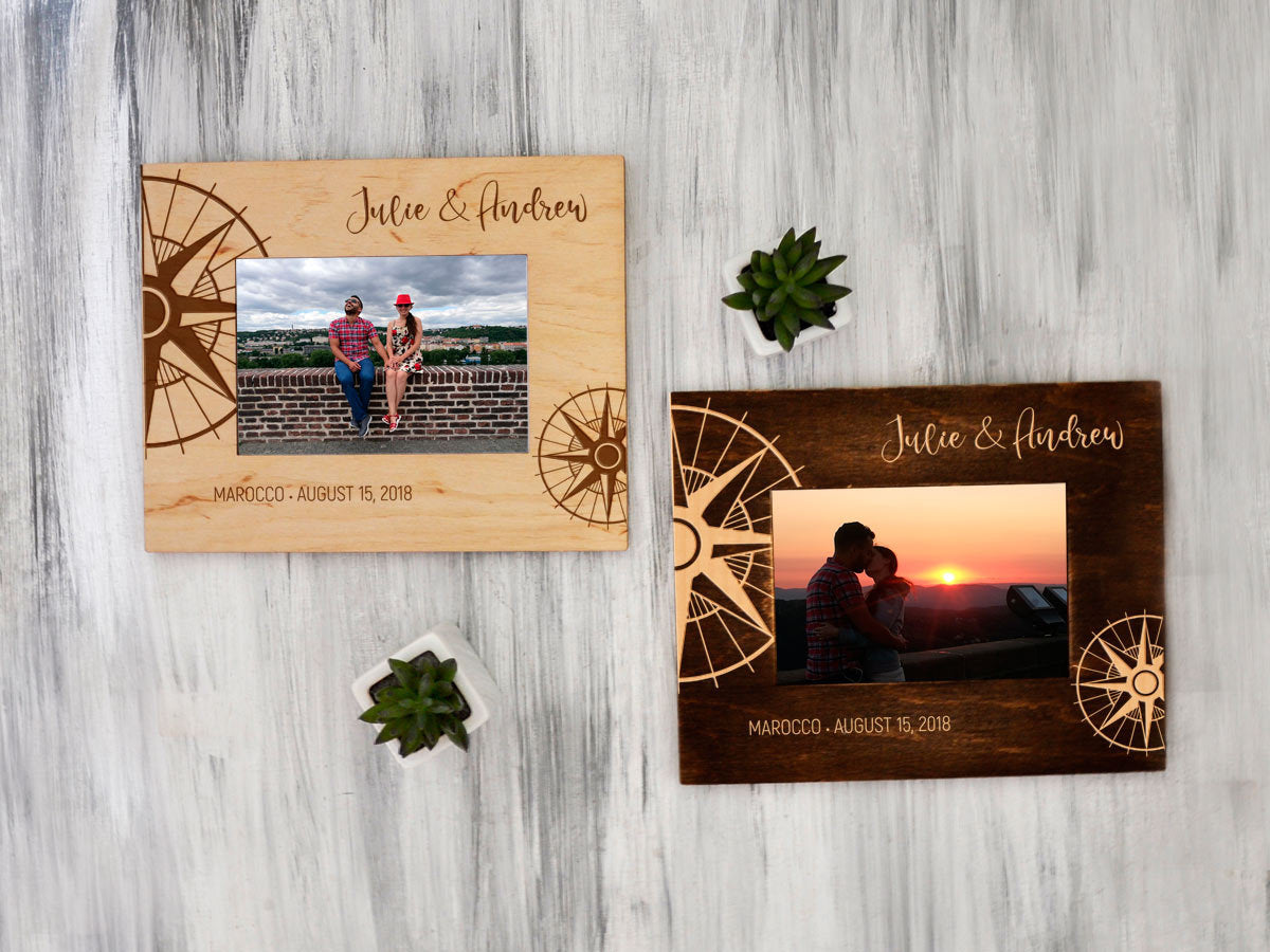 Custom Picture Frame with Compass - Honeymoon Gift for Couple