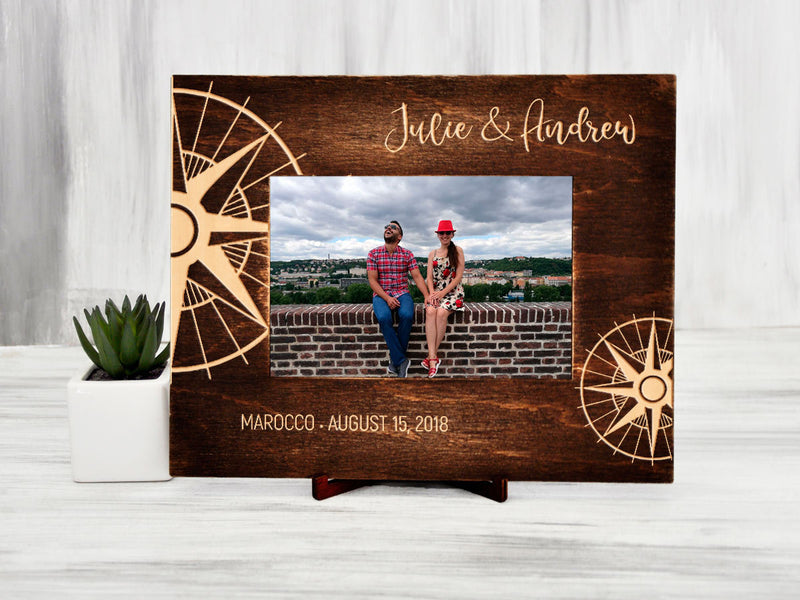 Custom Picture Frame with Compass - Honeymoon Gift for Couple