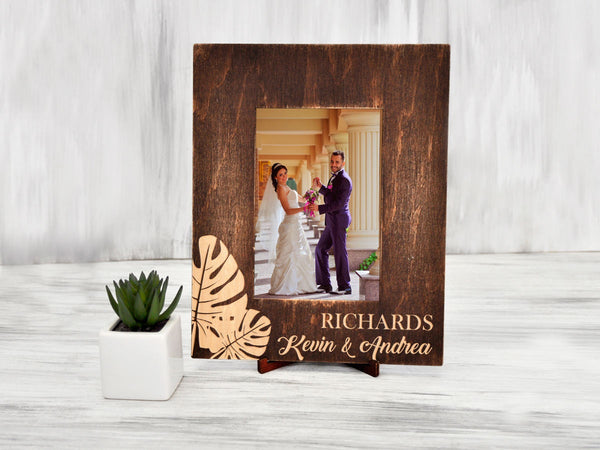 Wooden Photo Frame with Monstera Leaves -Tropical Wedding Gift