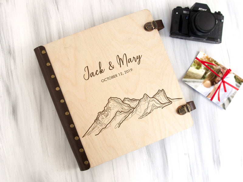 Personalized Travel Photo Album - Wood Engraved Scrapbook Album with Self-Adhesive Sheets