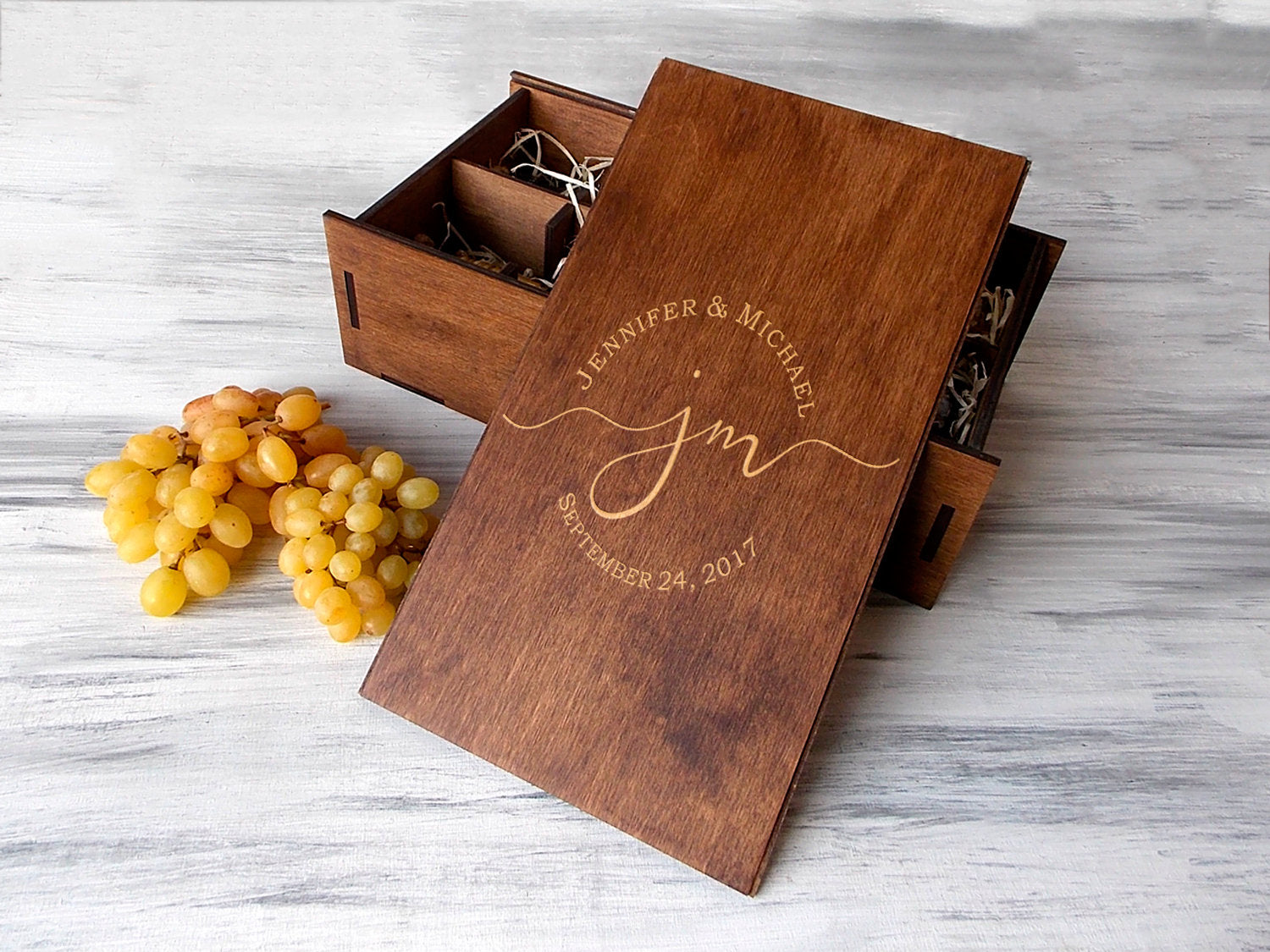 Double Wine Box with Monogram -  5th Anniversary Gift fro Couple