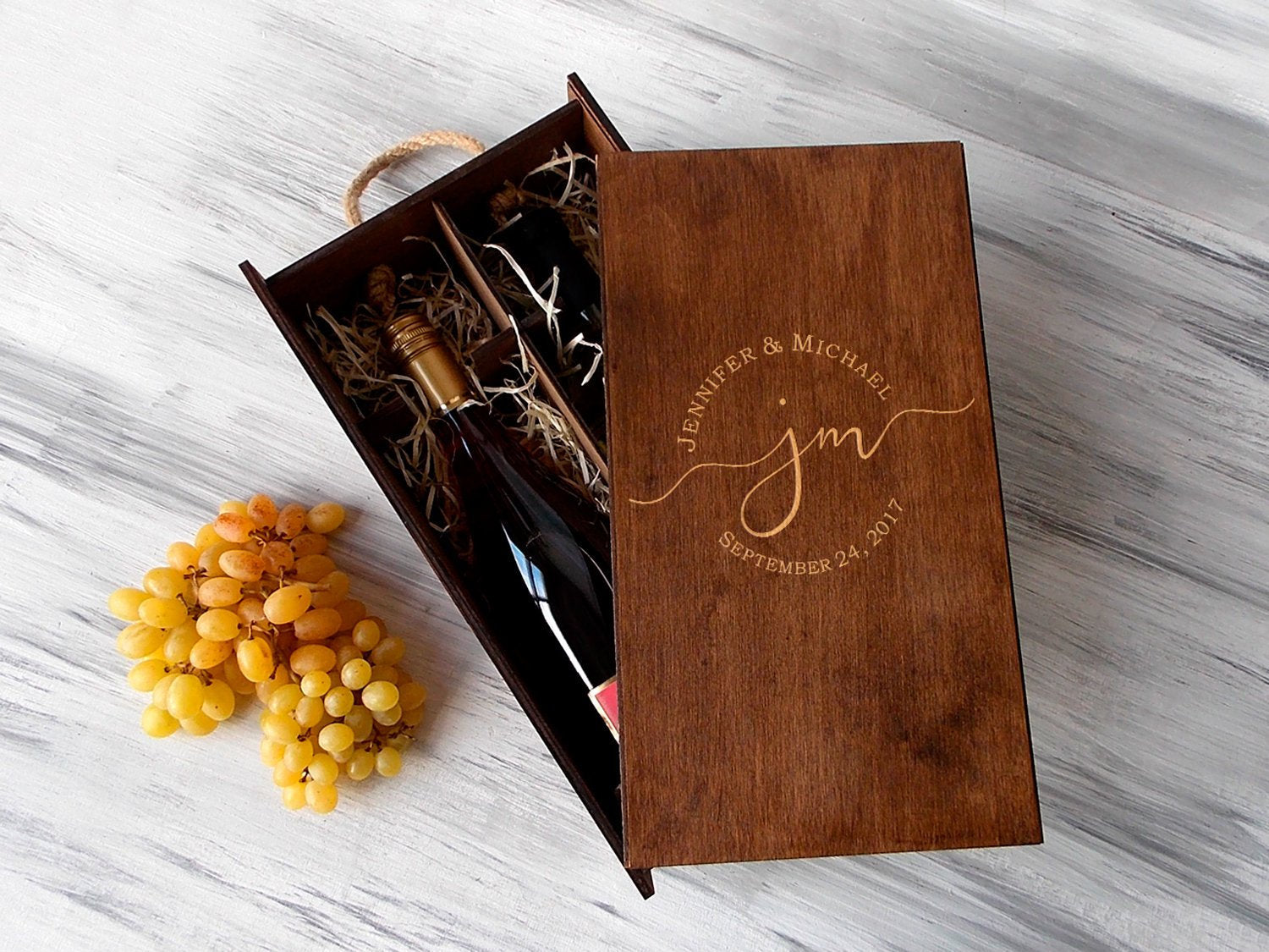 Double Wine Box with Monogram -  5th Anniversary Gift fro Couple